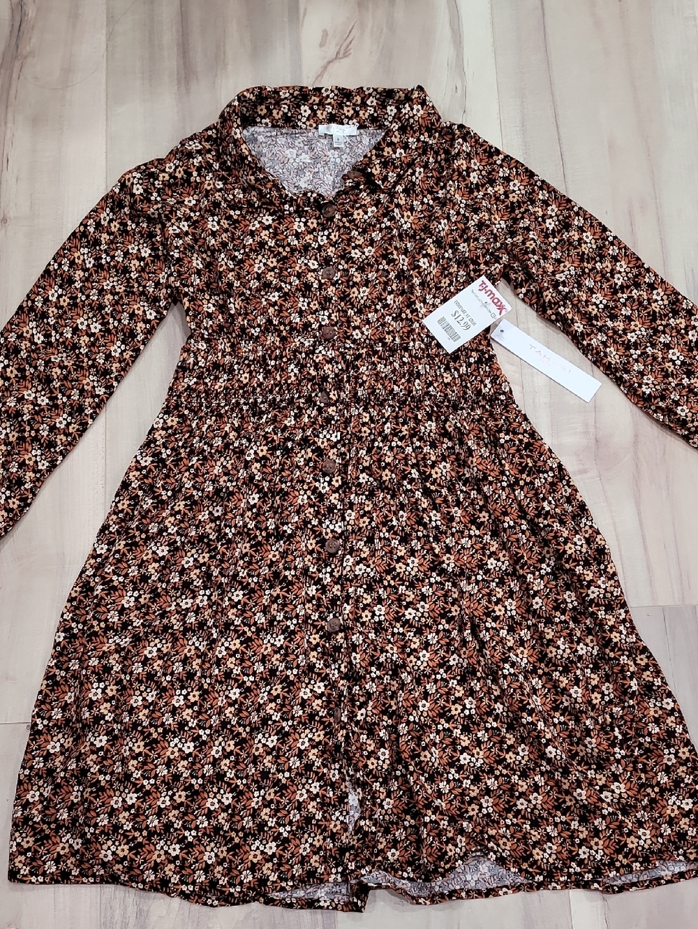 Girls' Floral Long-Sleeve Dress in Brown